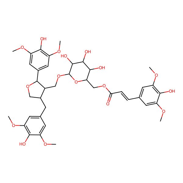 2D Structure of (2S)-2alpha-(3,5-Dimethoxy-4-hydroxyphenyl)-3beta-[6-O-[(E)-3-(3,5-dimethoxy-4-hydroxyphenyl)acryloyl]-beta-D-glucopyranosyloxymethyl]-4beta-(3,5-dimethoxy-4-hydroxybenzyl)tetrahydrofuran