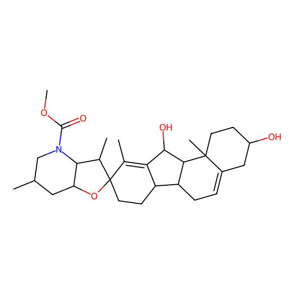 2D Structure of methyl (3S,3'R,3'aS,6'S,6aS,6bS,7'aR,9R,11S,11aS,11bR)-3,11-dihydroxy-3',6',10,11b-tetramethylspiro[2,3,4,6,6a,6b,7,8,11,11a-decahydro-1H-benzo[a]fluorene-9,2'-3,3a,5,6,7,7a-hexahydrofuro[3,2-b]pyridine]-4'-carboxylate