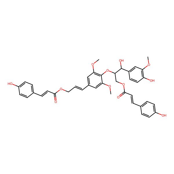 2D Structure of [(E)-3-[4-[(1R,2S)-1-hydroxy-1-(4-hydroxy-3-methoxyphenyl)-3-[(E)-3-(4-hydroxyphenyl)prop-2-enoyl]oxypropan-2-yl]oxy-3,5-dimethoxyphenyl]prop-2-enyl] (E)-3-(4-hydroxyphenyl)prop-2-enoate