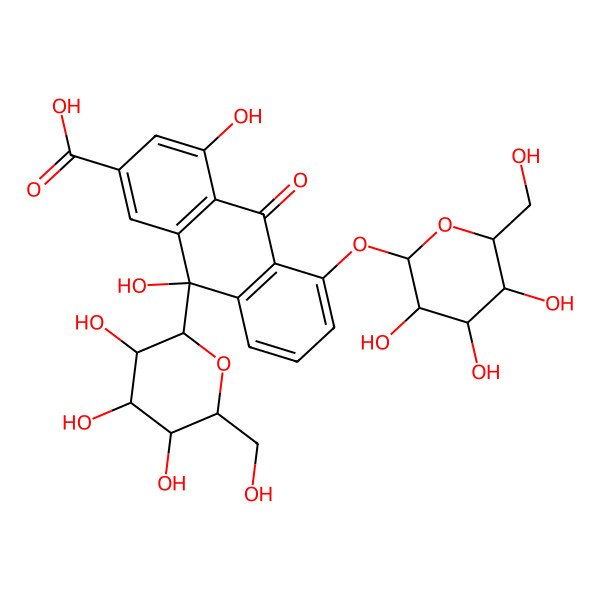2D Structure of (9S)-4,9-dihydroxy-10-oxo-9-[(3R,4S,5S,6R)-3,4,5-trihydroxy-6-(hydroxymethyl)oxan-2-yl]-5-[(2S,3R,4S,5S,6R)-3,4,5-trihydroxy-6-(hydroxymethyl)oxan-2-yl]oxyanthracene-2-carboxylic acid