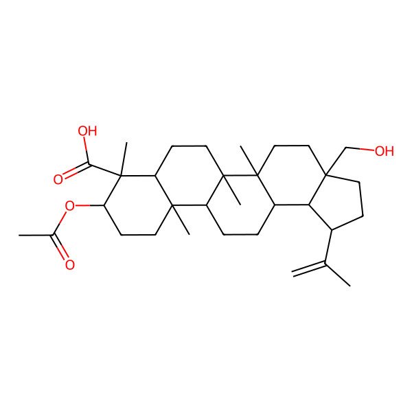 2D Structure of (1R,3aS,5aR,5bR,7aR,8R,9S,11aR,11bR,13aR,13bR)-9-acetyloxy-3a-(hydroxymethyl)-5a,5b,8,11a-tetramethyl-1-prop-1-en-2-yl-1,2,3,4,5,6,7,7a,9,10,11,11b,12,13,13a,13b-hexadecahydrocyclopenta[a]chrysene-8-carboxylic acid