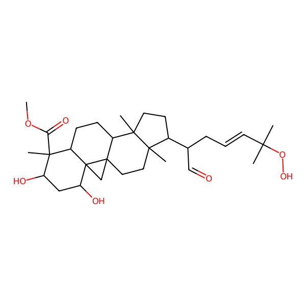 2D Structure of methyl (1S,3S,4S,6S,7S,8R,11S,12S,15R,16R)-15-[(E,2R)-6-hydroperoxy-6-methyl-1-oxohept-4-en-2-yl]-4,6-dihydroxy-7,12,16-trimethylpentacyclo[9.7.0.01,3.03,8.012,16]octadecane-7-carboxylate