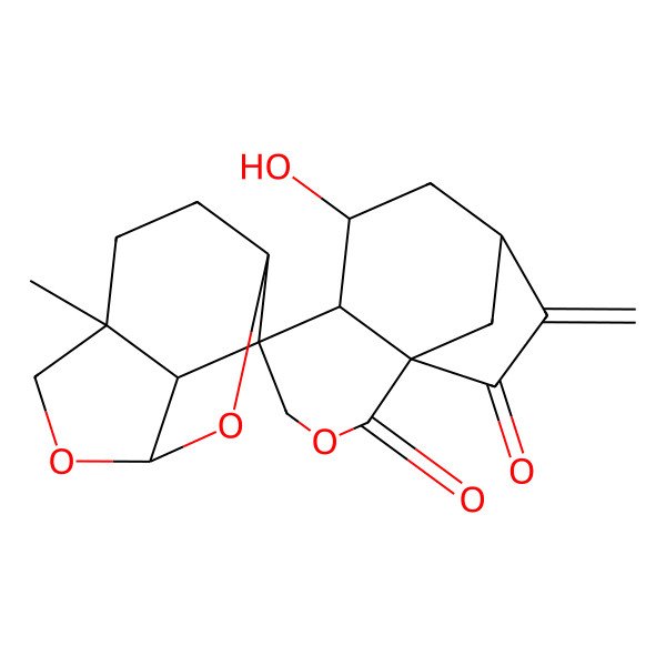 2D Structure of (1S,1'S,4'R,5S,6S,7R,7'R,8'R,9S)-7-hydroxy-4'-methyl-10-methylidenespiro[3-oxatricyclo[7.2.1.01,6]dodecane-5,9'-6,10-dioxatricyclo[5.2.1.04,8]decane]-2,11-dione