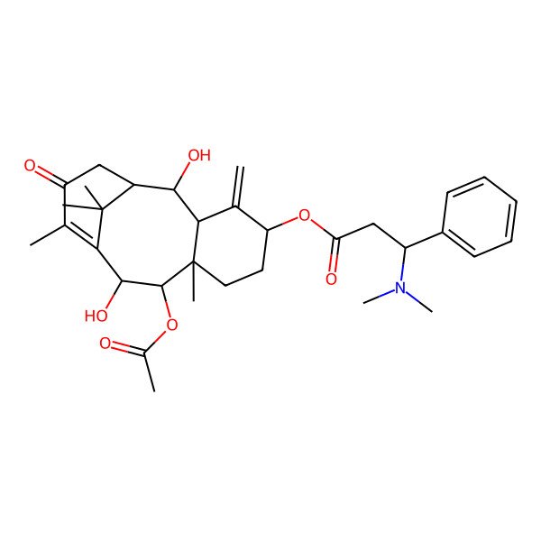 2D Structure of [(1R,2R,3R,5S,8R,9R,10R)-9-acetyloxy-2,10-dihydroxy-8,12,15,15-tetramethyl-4-methylidene-13-oxo-5-tricyclo[9.3.1.03,8]pentadec-11-enyl] (3R)-3-(dimethylamino)-3-phenylpropanoate