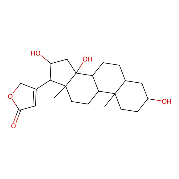 2D Structure of 3-[(3S,5R,8R,9R,10S,13R,14S,16S,17R)-3,14,16-trihydroxy-10,13-dimethyl-1,2,3,4,5,6,7,8,9,11,12,15,16,17-tetradecahydrocyclopenta[a]phenanthren-17-yl]-2H-furan-5-one