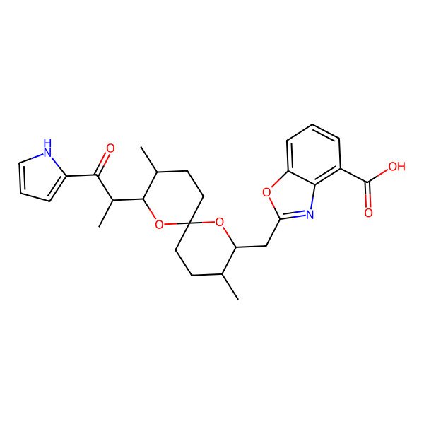 2D Structure of 2-[[(2S,3S,6R,8R,9S)-3,9-Dimethyl-8-[(R)-1-methyl-2-oxo-2-(1H-pyrrole-2-yl)ethyl]-1,7-dioxaspiro[5.5]undeca-2-yl]methyl]benzoxazole-4-carboxylic acid