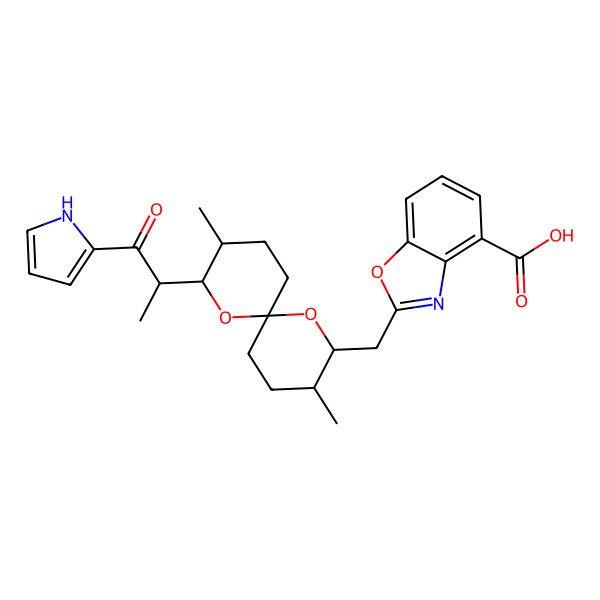 2D Structure of 2-[[(2R,3S,6R,8S,9S)-3,9-dimethyl-2-[(2R)-1-oxo-1-(1H-pyrrol-2-yl)propan-2-yl]-1,7-dioxaspiro[5.5]undecan-8-yl]methyl]-1,3-benzoxazole-4-carboxylic acid