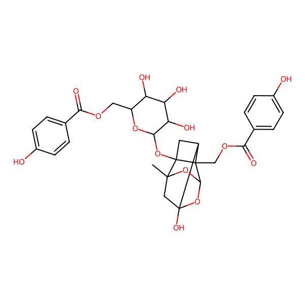 2D Structure of [(2R,3S,4S,5R,6S)-3,4,5-trihydroxy-6-[[(1S,2S,3R,5S,6R,8S)-6-hydroxy-2-[(4-hydroxybenzoyl)oxymethyl]-8-methyl-9,10-dioxatetracyclo[4.3.1.02,5.03,8]decan-3-yl]oxy]oxan-2-yl]methyl 4-hydroxybenzoate