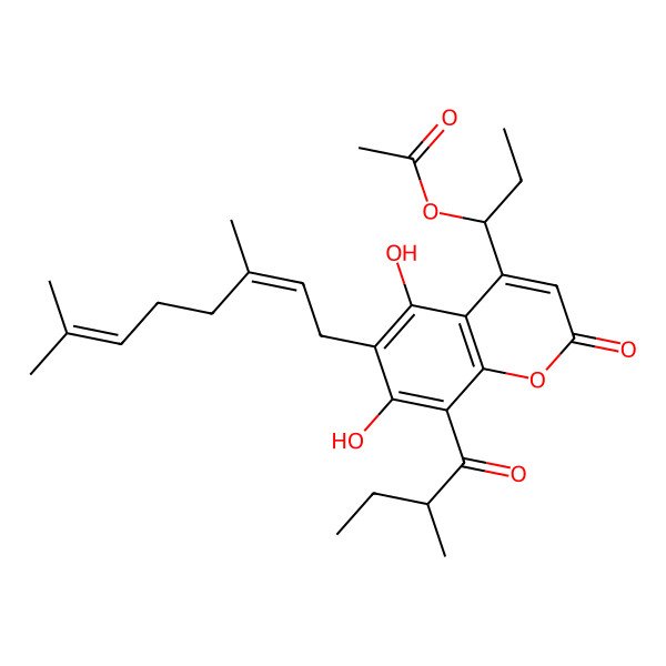 2D Structure of [(1S)-1-[6-[(2E)-3,7-dimethylocta-2,6-dienyl]-5,7-dihydroxy-8-(2-methylbutanoyl)-2-oxochromen-4-yl]propyl] acetate