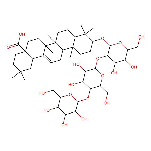 2D Structure of (4aS,6aR,6aS,6bR,8aR,10S,12aR,14bS)-10-[(2R,3R,4S,5S,6R)-3-[(2S,3R,4R,5S,6R)-3,4-dihydroxy-6-(hydroxymethyl)-5-[(2S,3R,4S,5S,6R)-3,4,5-trihydroxy-6-(hydroxymethyl)oxan-2-yl]oxyoxan-2-yl]oxy-4,5-dihydroxy-6-(hydroxymethyl)oxan-2-yl]oxy-2,2,6a,6b,9,9,12a-heptamethyl-1,3,4,5,6,6a,7,8,8a,10,11,12,13,14b-tetradecahydropicene-4a-carboxylic acid