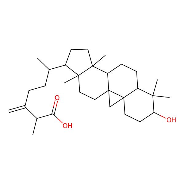 2D Structure of (2R,6R)-6-[(1S,3R,6S,8R,11S,12S,15R,16R)-6-hydroxy-7,7,12,16-tetramethyl-15-pentacyclo[9.7.0.01,3.03,8.012,16]octadecanyl]-2-methyl-3-methylideneheptanoic acid
