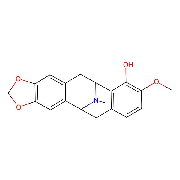 2D Structure of (1S,12S)-15-methoxy-20-methyl-5,7-dioxa-20-azapentacyclo[10.7.1.02,10.04,8.013,18]icosa-2,4(8),9,13(18),14,16-hexaen-14-ol