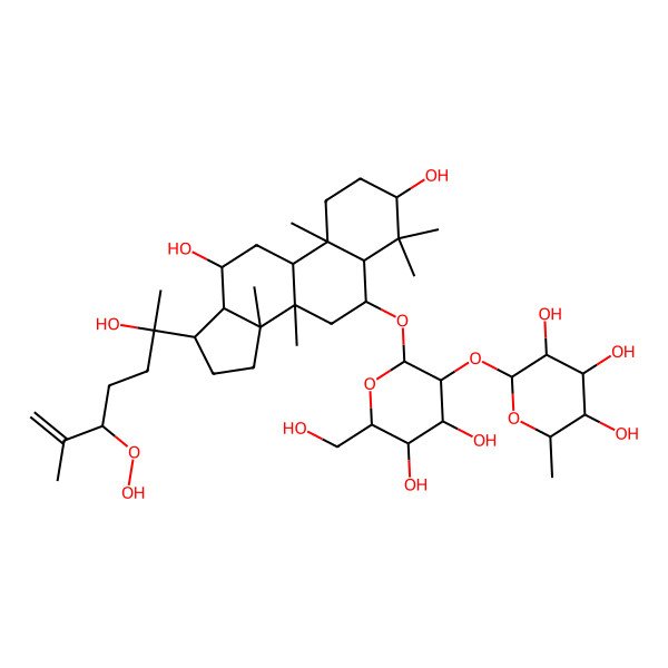 2D Structure of (2S,3R,4R,5R,6S)-2-[(2R,3R,4S,5S,6R)-2-[[(3S,5R,6S,8R,9R,10R,12R,13R,14R,17S)-17-[(2S)-5-hydroperoxy-2-hydroxy-6-methylhept-6-en-2-yl]-3,12-dihydroxy-4,4,8,10,14-pentamethyl-2,3,5,6,7,9,11,12,13,15,16,17-dodecahydro-1H-cyclopenta[a]phenanthren-6-yl]oxy]-4,5-dihydroxy-6-(hydroxymethyl)oxan-3-yl]oxy-6-methyloxane-3,4,5-triol