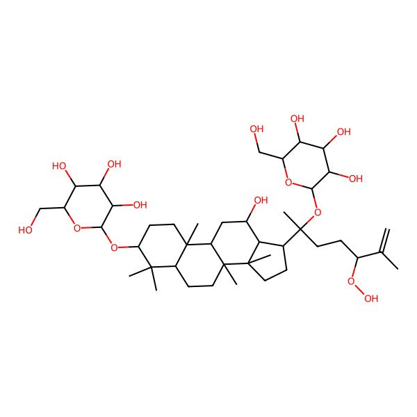 2D Structure of (2R,3R,4S,5S,6R)-2-[[(3S,5R,8R,9R,10R,12R,13R,14R,17S)-17-[(2S)-5-hydroperoxy-6-methyl-2-[(2S,3R,4S,5S,6R)-3,4,5-trihydroxy-6-(hydroxymethyl)oxan-2-yl]oxyhept-6-en-2-yl]-12-hydroxy-4,4,8,10,14-pentamethyl-2,3,5,6,7,9,11,12,13,15,16,17-dodecahydro-1H-cyclopenta[a]phenanthren-3-yl]oxy]-6-(hydroxymethyl)oxane-3,4,5-triol