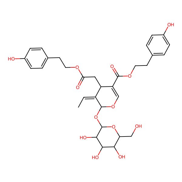 2D Structure of 2-(4-hydroxyphenyl)ethyl (4S,5E,6S)-5-ethylidene-4-[2-[2-(4-hydroxyphenyl)ethoxy]-2-oxoethyl]-6-[(2S,3R,4S,5S,6R)-3,4,5-trihydroxy-6-(hydroxymethyl)oxan-2-yl]oxy-4H-pyran-3-carboxylate