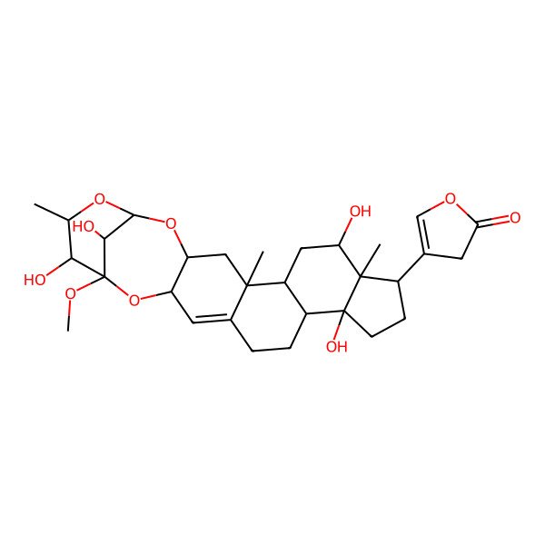 2D Structure of 4-[(1S,3R,5R,6S,8S,9S,10R,13S,14R,19R,21S,22R,23S,25R)-8,13,22,25-tetrahydroxy-21-methoxy-5,9,23-trimethyl-2,20,24-trioxahexacyclo[19.3.1.03,19.05,17.06,14.09,13]pentacos-17-en-10-yl]-3H-furan-2-one