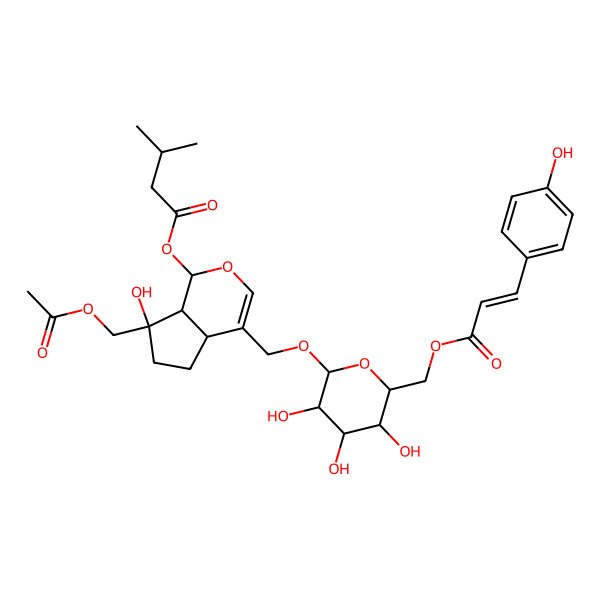 2D Structure of [(1S,4aS,7R,7aS)-7-(acetyloxymethyl)-7-hydroxy-4-[[(2R,3R,4S,5S,6R)-3,4,5-trihydroxy-6-[[(E)-3-(4-hydroxyphenyl)prop-2-enoyl]oxymethyl]oxan-2-yl]oxymethyl]-4a,5,6,7a-tetrahydro-1H-cyclopenta[c]pyran-1-yl] 3-methylbutanoate