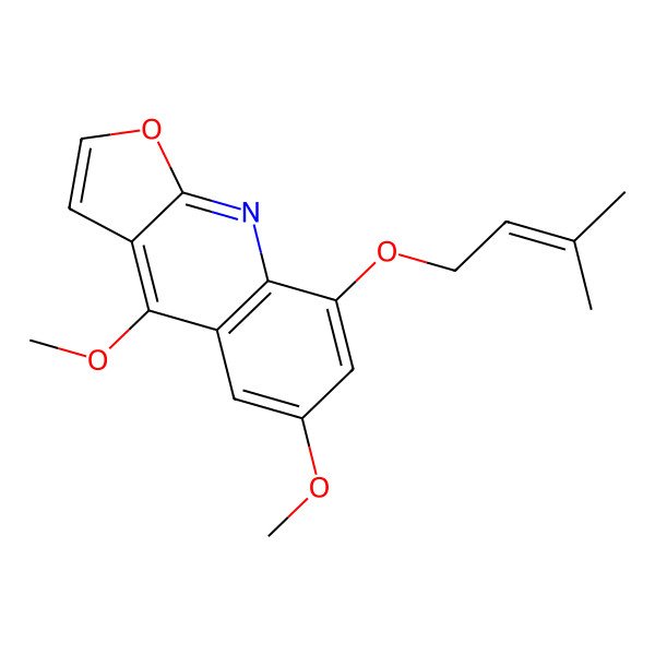 2D Structure of Furo[2,3-b]quinoline, 4,6-dimethoxy-8-[(3-methyl-2-butenyl)oxy]-
