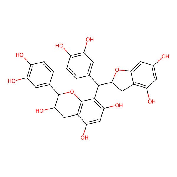 2D Structure of (2S,3S)-8-[(R)-[(2S)-4,6-dihydroxy-2,3-dihydro-1-benzofuran-2-yl]-(3,4-dihydroxyphenyl)methyl]-2-(3,4-dihydroxyphenyl)-3,4-dihydro-2H-chromene-3,5,7-triol