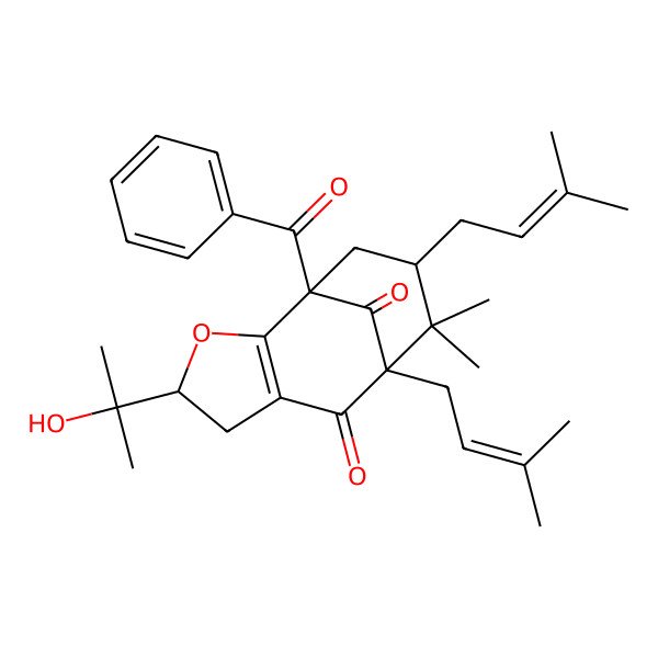 2D Structure of (1R,4S,8S,10S)-1-benzoyl-4-(2-hydroxypropan-2-yl)-9,9-dimethyl-8,10-bis(3-methylbut-2-enyl)-3-oxatricyclo[6.3.1.02,6]dodec-2(6)-ene-7,12-dione