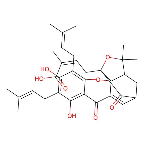 2D Structure of (Z)-4-[(1S,2S,13S,15R)-6,8-dihydroxy-17,17-dimethyl-5,7-bis(3-methylbut-2-enyl)-10,14-dioxo-3,16-dioxapentacyclo[11.4.1.02,11.02,15.04,9]octadeca-4,6,8,11-tetraen-15-yl]-2-methylbut-2-enoic acid