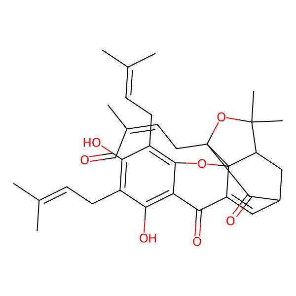 2D Structure of (E)-4-[(1R,13R,15S)-6,8-dihydroxy-17,17-dimethyl-5,7-bis(3-methylbut-2-enyl)-10,14-dioxo-3,16-dioxapentacyclo[11.4.1.02,11.02,15.04,9]octadeca-4,6,8,11-tetraen-15-yl]-2-methylbut-2-enal
