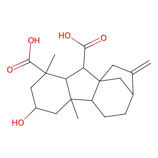 2D Structure of (1alpha,3beta,4aalpha,4bbeta,10beta)-3-Hydroxy-1,4a-dimethyl-8-methylenegibbane-1,10-dicarboxylic acid
