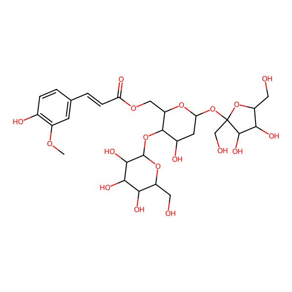 2D Structure of Glc(b1-4)[coumaroyl(3-OMe)(-6)]2-deoxy-D-araHex(b1-2b)Fruf