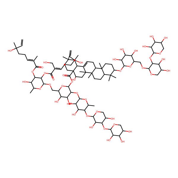 2D Structure of [(2S,3R,4S,5S,6R)-3-[(2S,3R,4S,5R,6S)-5-[(2S,3R,4S,5R)-3,5-dihydroxy-4-[(2S,3R,4S,5R)-3,4,5-trihydroxyoxan-2-yl]oxyoxan-2-yl]oxy-3,4-dihydroxy-6-methyloxan-2-yl]oxy-4,5-dihydroxy-6-[[(2R,3R,4R,5S,6S)-5-hydroxy-4-[(2E,6S)-6-hydroxy-2,6-dimethylocta-2,7-dienoyl]oxy-3-[(2E)-6-hydroxy-2-(hydroxymethyl)-6-methylocta-2,7-dienoyl]oxy-6-methyloxan-2-yl]oxymethyl]oxan-2-yl] (4aR,5R,6aR,6aS,6bR,8aR,10S,12aR,14bS)-10-[(2R,3R,4S,5S,6R)-6-[[(2S,3R,4S,5S)-4,5-dihydroxy-3-[(2S,3R,4S,5R)-3,4,5-trihydroxyoxan-2-yl]oxyoxan-2-yl]oxymethyl]-3,4,5-trihydroxyoxan-2-yl]oxy-5-hydroxy-2,2,6a,6b,9,9,12a-heptamethyl-1,3,4,5,6,6a,7,8,8a,10,11,12,13,14b-tetradecahydropicene-4a-carboxylate