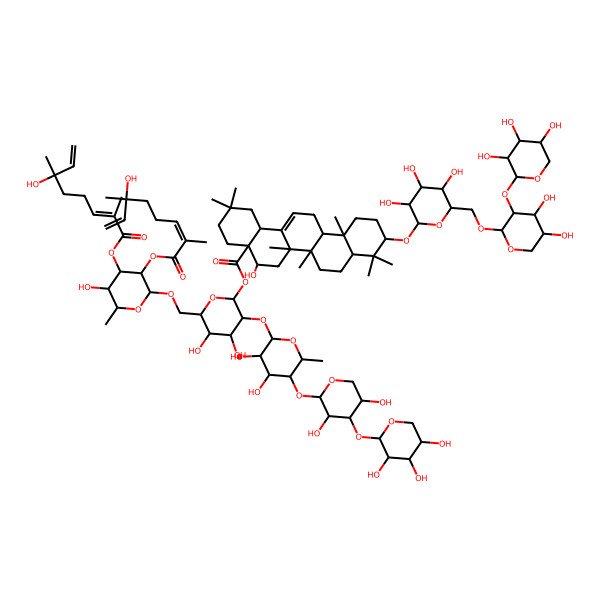 2D Structure of [(2S,3R,4S,5S,6R)-3-[(2S,3R,4S,5R,6S)-5-[(2S,3R,4S,5R)-3,5-dihydroxy-4-[(2S,3R,4S,5R)-3,4,5-trihydroxyoxan-2-yl]oxyoxan-2-yl]oxy-3,4-dihydroxy-6-methyloxan-2-yl]oxy-4,5-dihydroxy-6-[[(2R,3R,4R,5S,6S)-5-hydroxy-3,4-bis[[(2E,6S)-6-hydroxy-2,6-dimethylocta-2,7-dienoyl]oxy]-6-methyloxan-2-yl]oxymethyl]oxan-2-yl] (4aR,5R,6aR,6aS,6bR,8aR,10S,12aR,14bS)-10-[(2R,3R,4S,5S,6R)-6-[[(2S,3R,4S,5S)-4,5-dihydroxy-3-[(2S,3R,4S,5R)-3,4,5-trihydroxyoxan-2-yl]oxyoxan-2-yl]oxymethyl]-3,4,5-trihydroxyoxan-2-yl]oxy-5-hydroxy-2,2,6a,6b,9,9,12a-heptamethyl-1,3,4,5,6,6a,7,8,8a,10,11,12,13,14b-tetradecahydropicene-4a-carboxylate