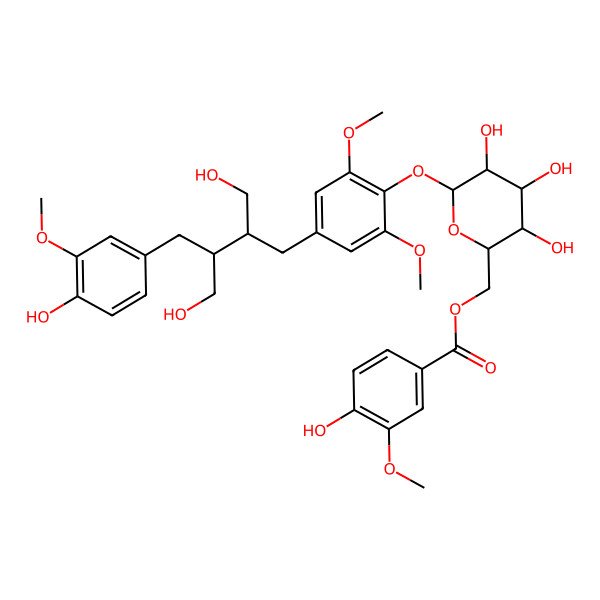 2D Structure of [(2R,3S,4S,5R,6S)-3,4,5-trihydroxy-6-[4-[(2R,3R)-4-hydroxy-3-[(4-hydroxy-3-methoxyphenyl)methyl]-2-(hydroxymethyl)butyl]-2,6-dimethoxyphenoxy]oxan-2-yl]methyl 4-hydroxy-3-methoxybenzoate