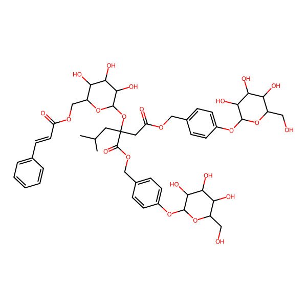 2D Structure of bis[[4-[(2S,3R,4S,5S,6R)-3,4,5-trihydroxy-6-(hydroxymethyl)oxan-2-yl]oxyphenyl]methyl] (2R)-2-(2-methylpropyl)-2-[(2S,3R,4S,5S,6R)-3,4,5-trihydroxy-6-[[(E)-3-phenylprop-2-enoyl]oxymethyl]oxan-2-yl]oxybutanedioate