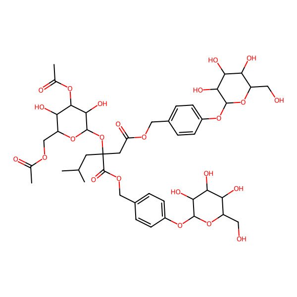 2D Structure of bis[[4-[(2S,3R,4S,5S,6R)-3,4,5-trihydroxy-6-(hydroxymethyl)oxan-2-yl]oxyphenyl]methyl] (2R)-2-[(2S,3R,4S,5R,6R)-4-acetyloxy-6-(acetyloxymethyl)-3,5-dihydroxyoxan-2-yl]oxy-2-(2-methylpropyl)butanedioate