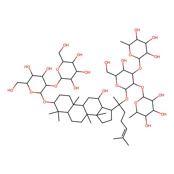 2D Structure of (2S,3R,4R,5R,6S)-2-[(2S,3R,4S,5R,6R)-2-[(2S)-2-[(3S,5R,8R,9R,10R,12R,13R,14R,17S)-3-[(2R,3R,4S,5S,6R)-4,5-dihydroxy-6-(hydroxymethyl)-3-[(2S,3R,4S,5S,6R)-3,4,5-trihydroxy-6-(hydroxymethyl)oxan-2-yl]oxyoxan-2-yl]oxy-12-hydroxy-4,4,8,10,14-pentamethyl-2,3,5,6,7,9,11,12,13,15,16,17-dodecahydro-1H-cyclopenta[a]phenanthren-17-yl]-6-methylhept-5-en-2-yl]oxy-5-hydroxy-6-(hydroxymethyl)-3-[(2S,3R,4R,5R,6S)-3,4,5-trihydroxy-6-methyloxan-2-yl]oxyoxan-4-yl]oxy-6-methyloxane-3,4,5-triol