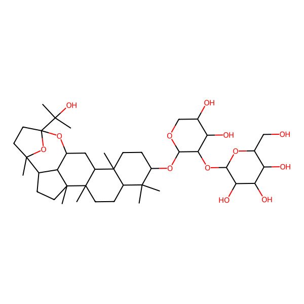 2D Structure of (2S,3R,4S,5S,6R)-2-[(2S,3R,4S,5R)-4,5-dihydroxy-2-[[(1R,2R,5R,7S,10R,11R,13R,15S,18S,19S,22R)-15-(2-hydroxypropan-2-yl)-1,2,6,6,10,18-hexamethyl-14,23-dioxahexacyclo[11.8.1.115,18.02,11.05,10.019,22]tricosan-7-yl]oxy]oxan-3-yl]oxy-6-(hydroxymethyl)oxane-3,4,5-triol