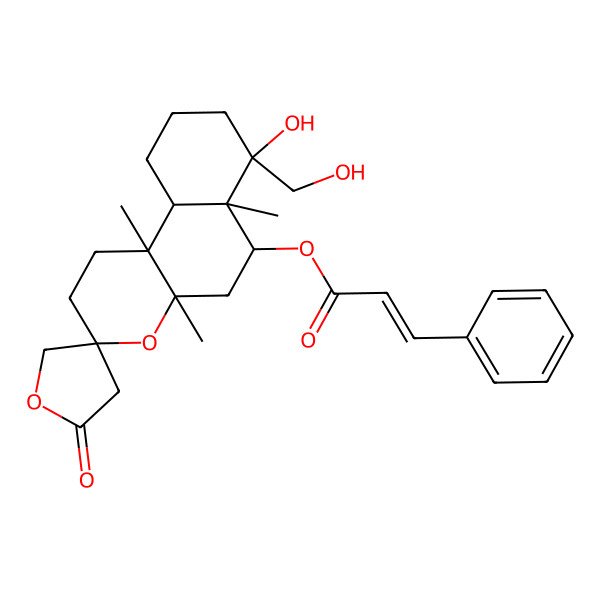 2D Structure of [(3S,4aS,6S,6aS,7R,10aR,10bR)-7-hydroxy-7-(hydroxymethyl)-4a,6a,10b-trimethyl-2'-oxospiro[1,2,5,6,8,9,10,10a-octahydrobenzo[f]chromene-3,4'-oxolane]-6-yl] (E)-3-phenylprop-2-enoate