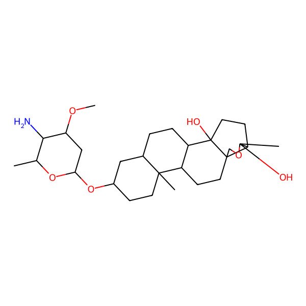 2D Structure of (1R,2S,5S,6R,9R,12S,13S,16S,18S)-16-[(2R,4R,5S,6S)-5-amino-4-methoxy-6-methyloxan-2-yl]oxy-6,13-dimethyl-7-oxapentacyclo[10.8.0.02,9.05,9.013,18]icosane-2,6-diol