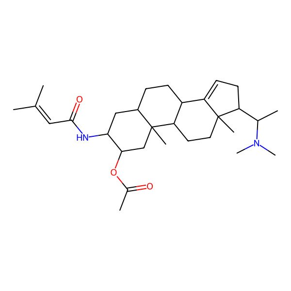 2D Structure of [(2S,3R,5S,8R,9S,10S,13R,17S)-17-[(1S)-1-(dimethylamino)ethyl]-10,13-dimethyl-3-(3-methylbut-2-enoylamino)-2,3,4,5,6,7,8,9,11,12,16,17-dodecahydro-1H-cyclopenta[a]phenanthren-2-yl] acetate