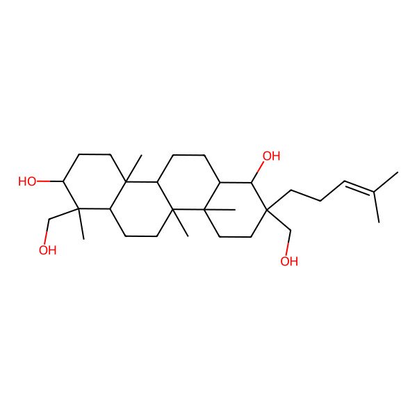 2D Structure of (1R,2S,4aR,4bR,6aR,7R,8S,10aR,10bR,12aS)-2,7-bis(hydroxymethyl)-4a,4b,7,10a-tetramethyl-2-(4-methylpent-3-enyl)-3,4,5,6,6a,8,9,10,10b,11,12,12a-dodecahydro-1H-chrysene-1,8-diol