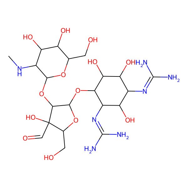 2D Structure of O-2-Deoxy-2-(methylamino)-alpha-L-glucopyranosyl-(1->2)-O-3-C-formyl-alpha-L-lyxofuranosyl-(1->4)-N1,N3-bis(aminoiminomethyl)-D-streptamine