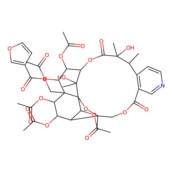 2D Structure of [(3R,13S,14R,17S,18R,19R,20R,21S,22R,24R,25S)-18,19,21,22,24-pentaacetyloxy-14,25-dihydroxy-3,13,14,25-tetramethyl-6,15-dioxo-2,5,16-trioxa-9-azapentacyclo[15.7.1.01,20.03,23.07,12]pentacosa-7(12),8,10-trien-20-yl]methyl furan-3-carboxylate