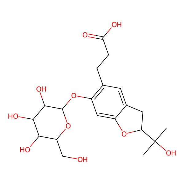 2D Structure of 3-[(2R)-2-(2-hydroxypropan-2-yl)-6-[(2S,3R,4S,5S,6R)-3,4,5-trihydroxy-6-(hydroxymethyl)oxan-2-yl]oxy-2,3-dihydro-1-benzofuran-5-yl]propanoic acid