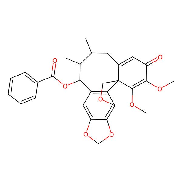 2D Structure of [(12S,13R,14S)-19,20-dimethoxy-13,14-dimethyl-18-oxo-3,6,8-trioxapentacyclo[9.9.1.01,16.04,21.05,9]henicosa-4(21),5(9),10,16,19-pentaen-12-yl] benzoate