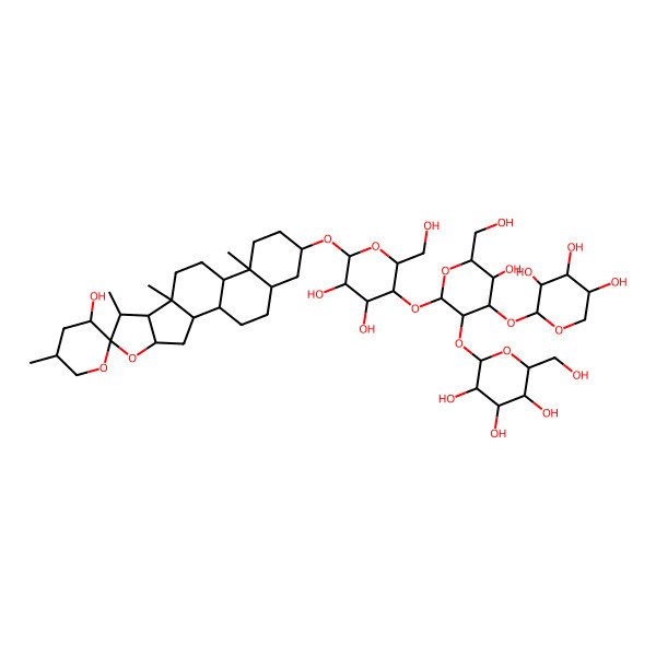 2D Structure of (2S,3R,4S,5S,6R)-2-[(2S,3R,4S,5R,6R)-2-[(2R,3R,4R,5R,6R)-4,5-dihydroxy-2-(hydroxymethyl)-6-[(1R,2S,3'S,4S,5'R,6S,7S,8R,9S,12S,13S,16S,18S)-3'-hydroxy-5',7,9,13-tetramethylspiro[5-oxapentacyclo[10.8.0.02,9.04,8.013,18]icosane-6,2'-oxane]-16-yl]oxyoxan-3-yl]oxy-5-hydroxy-6-(hydroxymethyl)-4-[(2S,3R,4S,5R)-3,4,5-trihydroxyoxan-2-yl]oxyoxan-3-yl]oxy-6-(hydroxymethyl)oxane-3,4,5-triol
