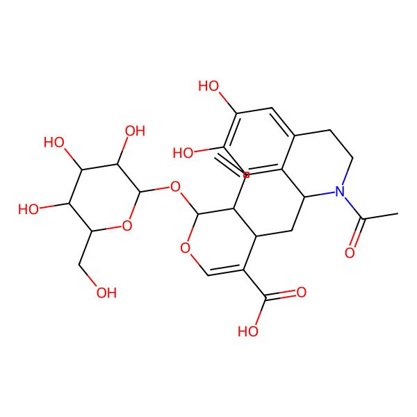 2D Structure of (2S,3R,4S)-4-[[(1R)-2-acetyl-6,7-dihydroxy-3,4-dihydro-1H-isoquinolin-1-yl]methyl]-3-ethenyl-2-[(2S,3R,4S,5S,6R)-3,4,5-trihydroxy-6-(hydroxymethyl)oxan-2-yl]oxy-3,4-dihydro-2H-pyran-5-carboxylic acid