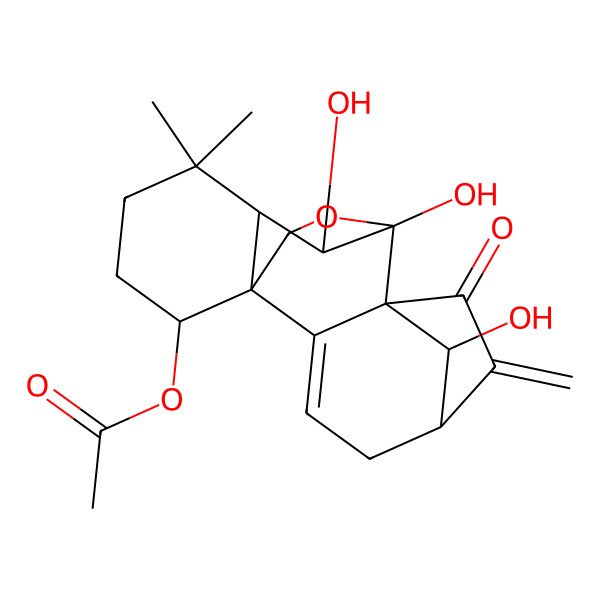 2D Structure of [(1R,5S,8R,9S,10S,11R,15S,18R)-9,10,18-trihydroxy-12,12-dimethyl-6-methylidene-7-oxo-17-oxapentacyclo[7.6.2.15,8.01,11.02,8]octadec-2-en-15-yl] acetate