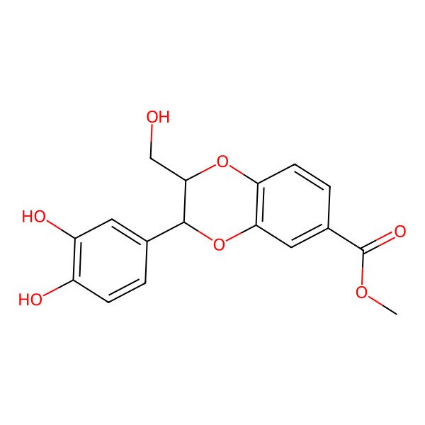 2D Structure of methyl (2R,3R)-3-(3,4-dihydroxyphenyl)-2-(hydroxymethyl)-2,3-dihydro-1,4-benzodioxine-6-carboxylate