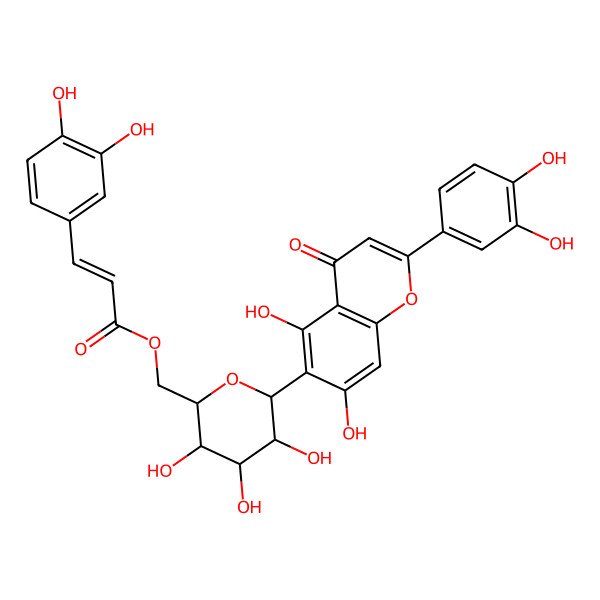 2D Structure of [(2R,3S,4R,5R,6S)-6-[2-(3,4-dihydroxyphenyl)-5,7-dihydroxy-4-oxochromen-6-yl]-3,4,5-trihydroxyoxan-2-yl]methyl (E)-3-(3,4-dihydroxyphenyl)prop-2-enoate