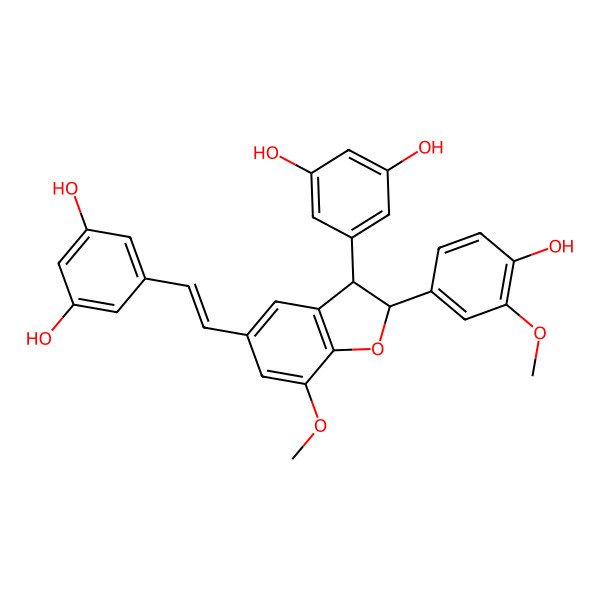 2D Structure of rel-(2R,3R)-5-((E)-2-(3-(3,5-Dihydroxyphenyl)-2-(4-hydroxy-3-methoxyphenyl)-7-methoxy-2,3-dihydrobenzofuran-5-yl)vinyl)benzene-1,3-diol