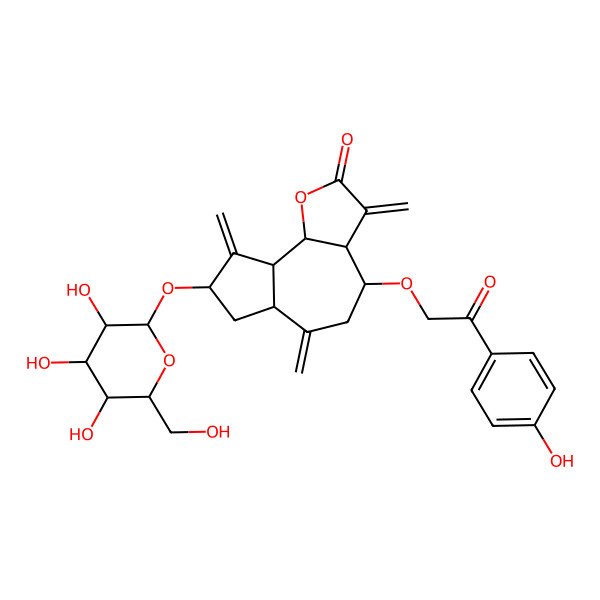 2D Structure of (3aR,4R,6aR,8S,9aR,9bR)-4-[2-(4-hydroxyphenyl)-2-oxoethoxy]-3,6,9-trimethylidene-8-[(2R,3R,4S,5S,6R)-3,4,5-trihydroxy-6-(hydroxymethyl)oxan-2-yl]oxy-3a,4,5,6a,7,8,9a,9b-octahydroazuleno[4,5-b]furan-2-one